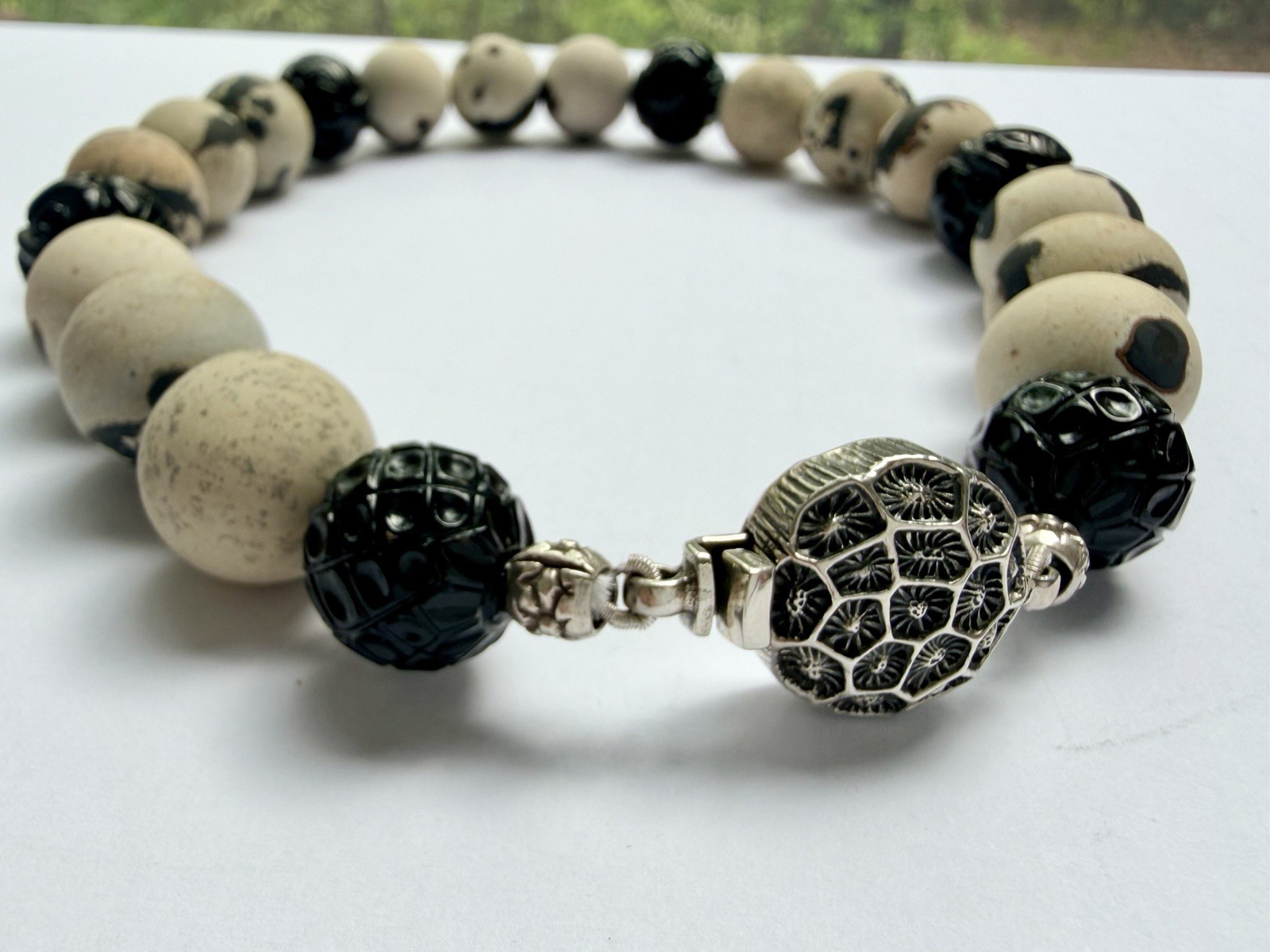 One-of-a-Kind Design 925 Carved Onyx & Matte Variegated Jasper Choker necklace