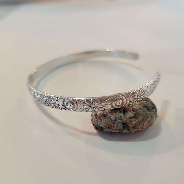 Sterling Silver Floral Cuff Bracelet Acid Tested Unmarked Botanical Swirl Bangle