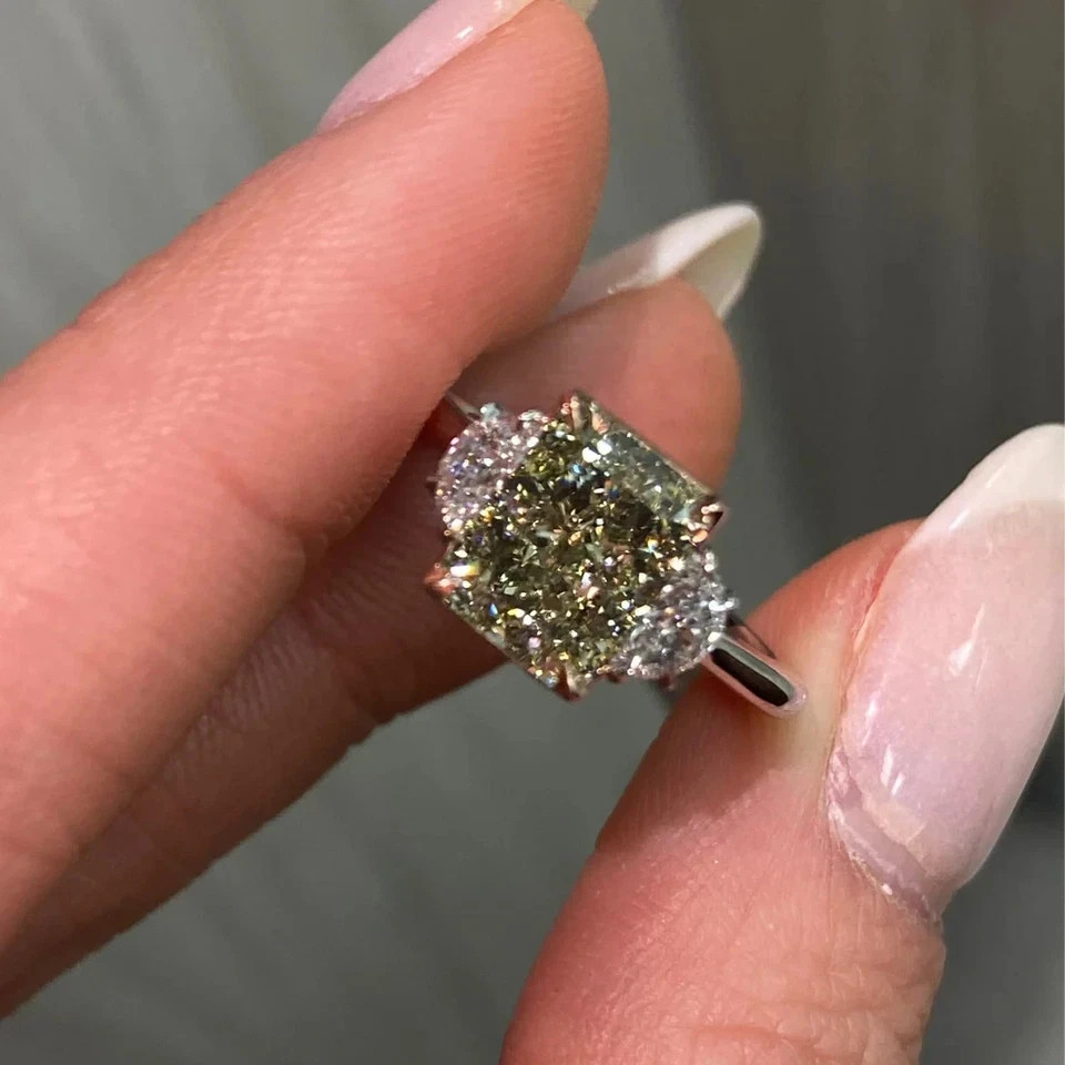 3.81CT Radiant Lab Grown Fancy Vivid Diamond Three Stone Ring Size 7 14k Gold