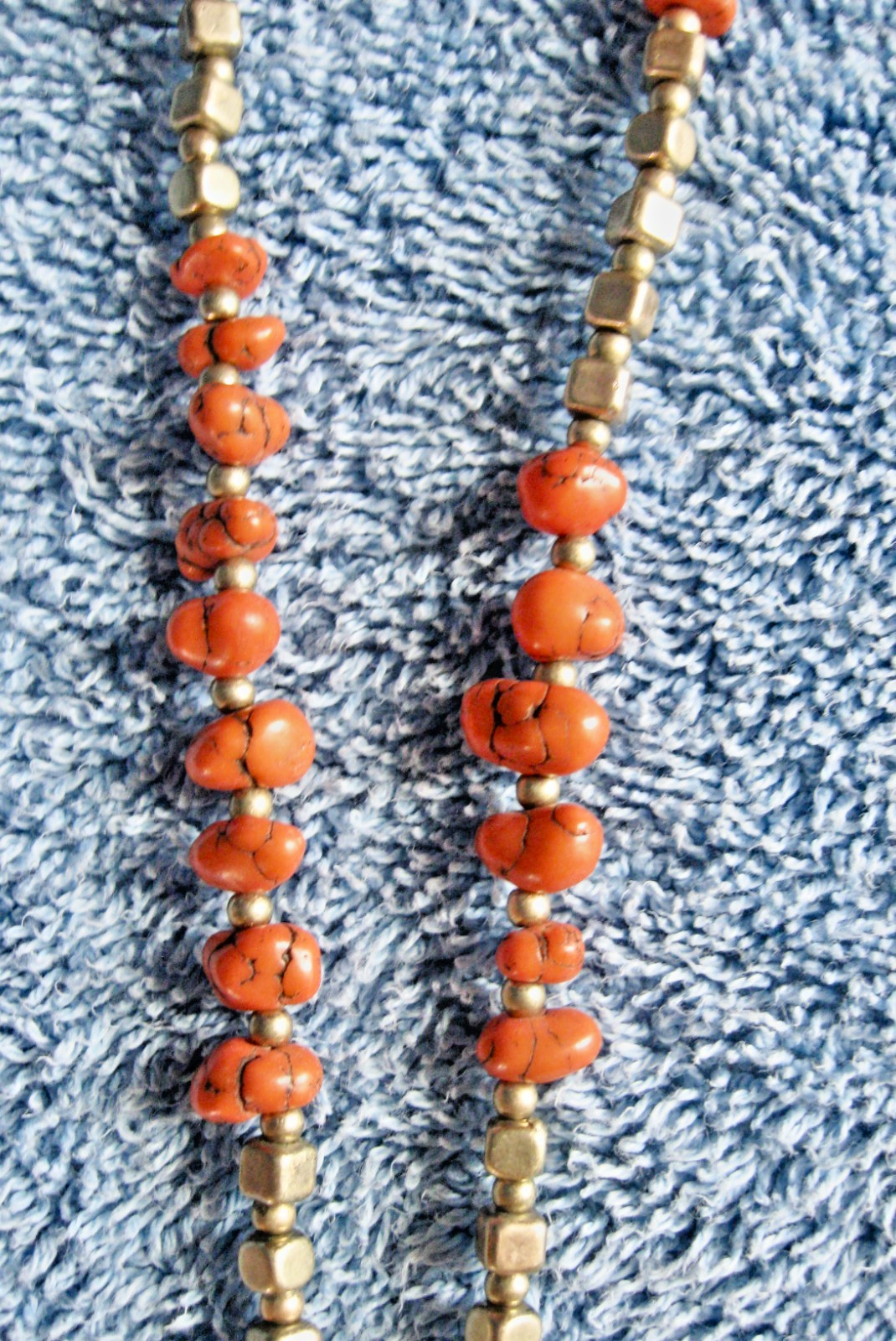 “T” Logo FLOATING 3 STRAND Orange Turquoise Beaded Necklace; Chain; Cord Lobster
