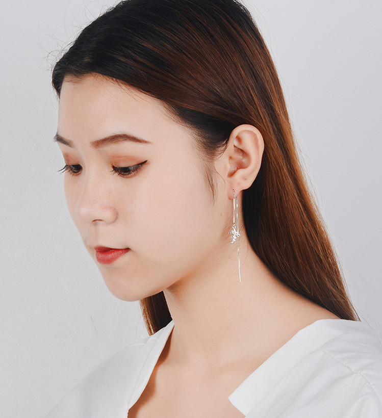 925 Silver Tone Olive Leaf Threader Dangle Drop Earrings Long Chain C9