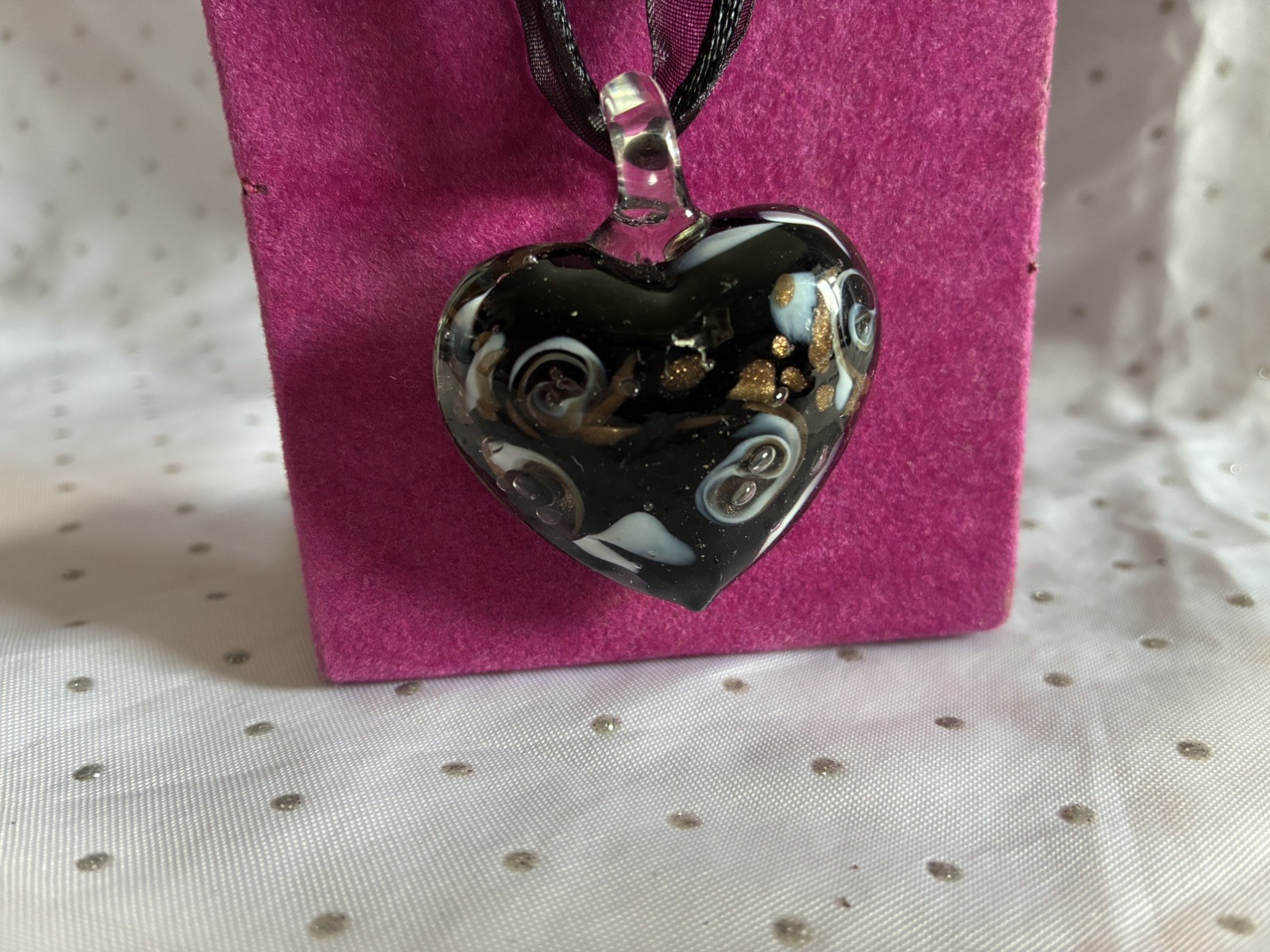 Murano Glass Style Heart Black White Gold Black Cord Ribbon Necklace 40cm Length