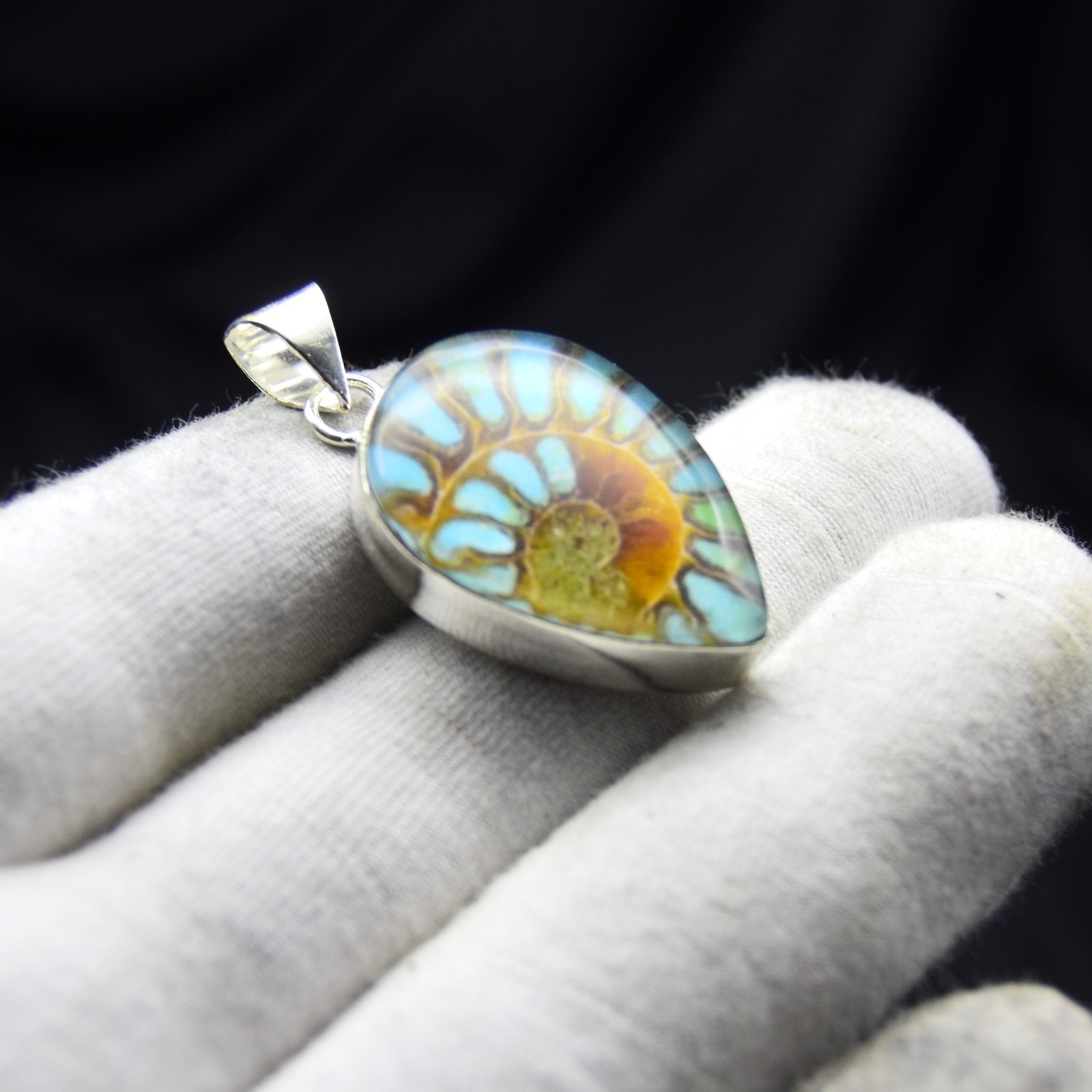 925 Sterling Silver Blue Ammonite Fossil Gemstone Pendant Handmade Jewelry Pear
