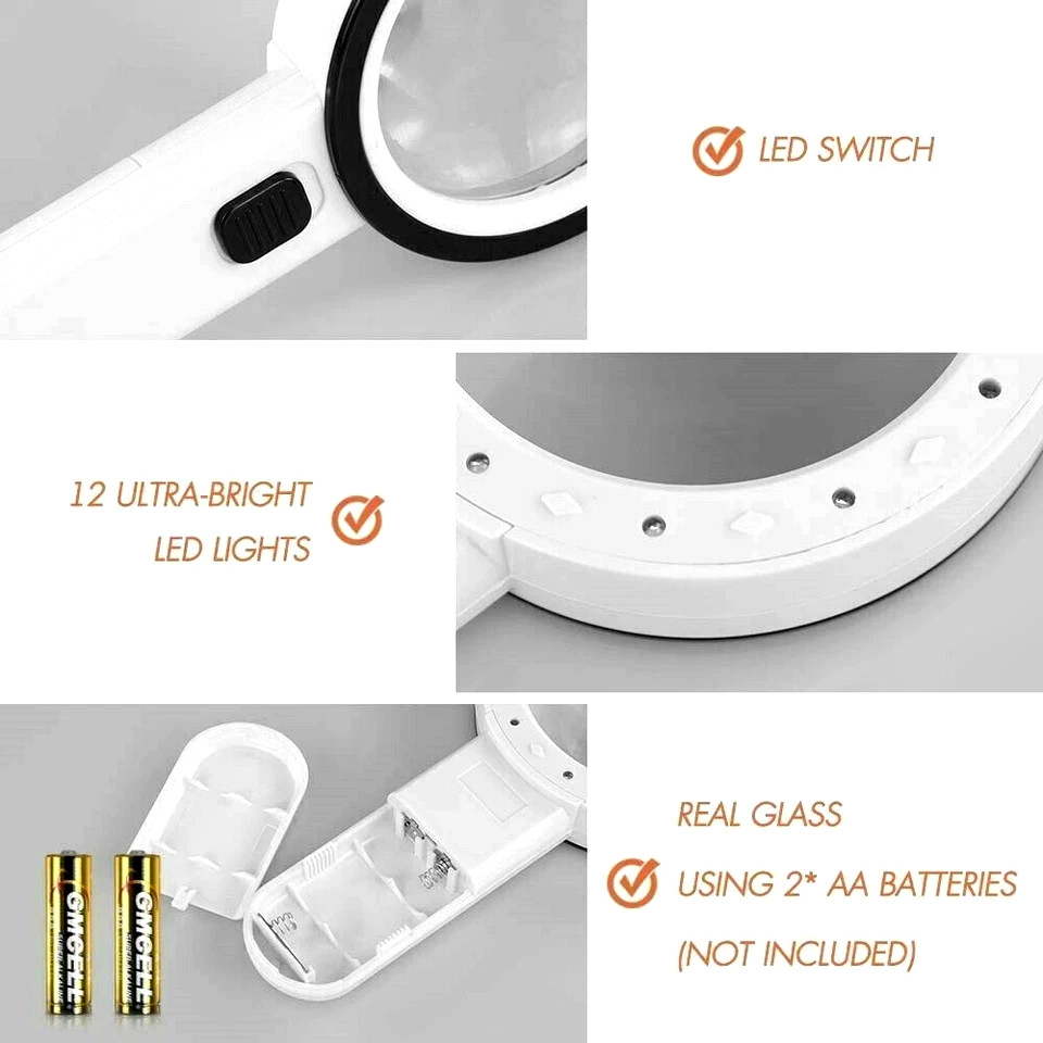 30X Jumbo Handheld Magnifying Glass w/ 12 Bright LED Light Illuminated Magnifier