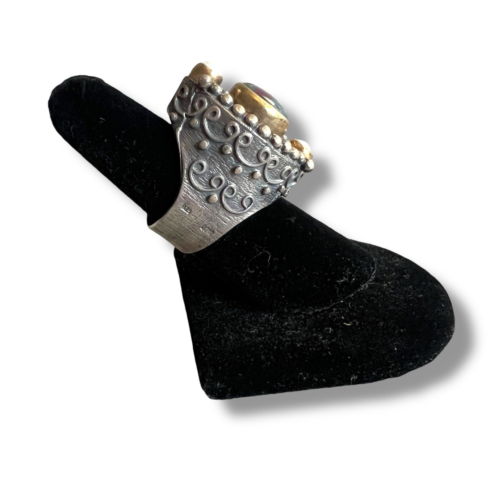 Bali 925 Sterling & 22K Gold Watermelon Tourmaline Moonstone Artisan Ring Sz 7
