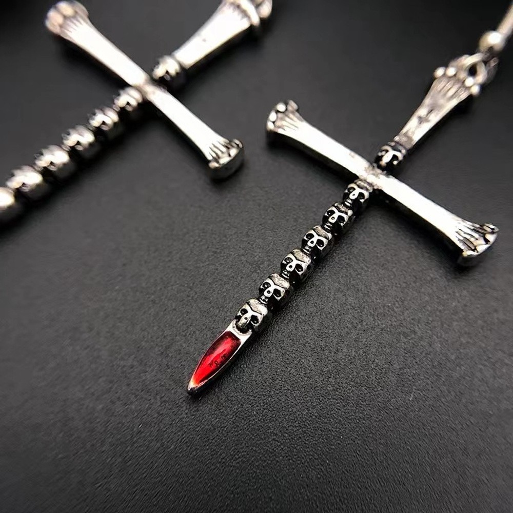 Dangle Drop Earrings Cross 2.76 in Antique Silver Religious Halloween E120
