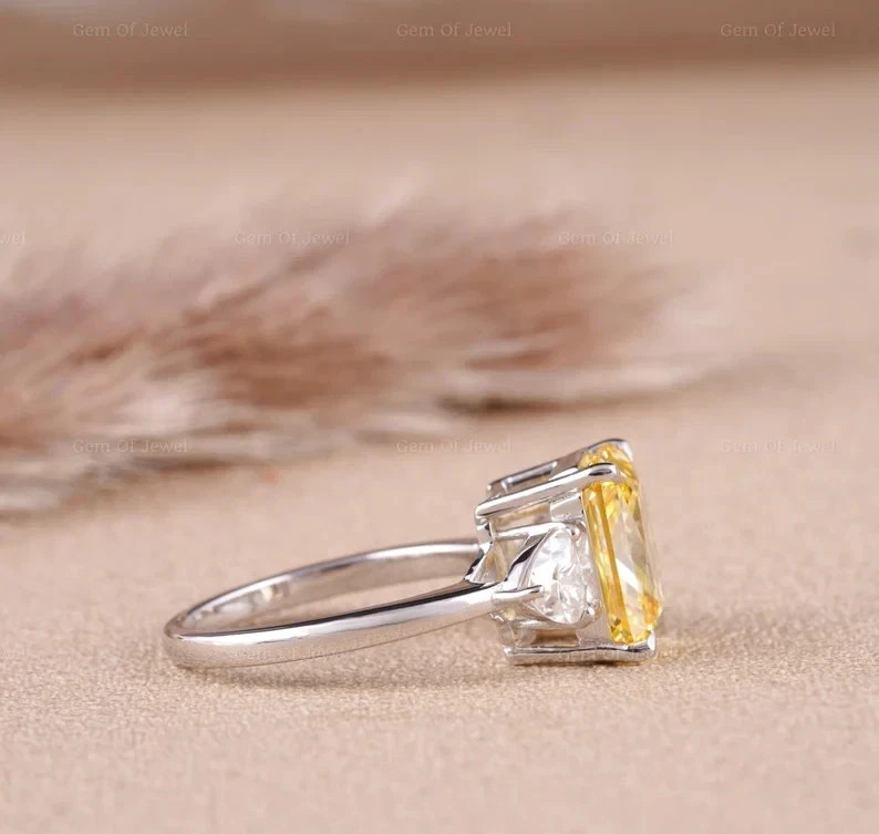 5.00Ct Radiant Cut Natural Yellow Sapphire & Diamond 14K White Gold Wedding Ring