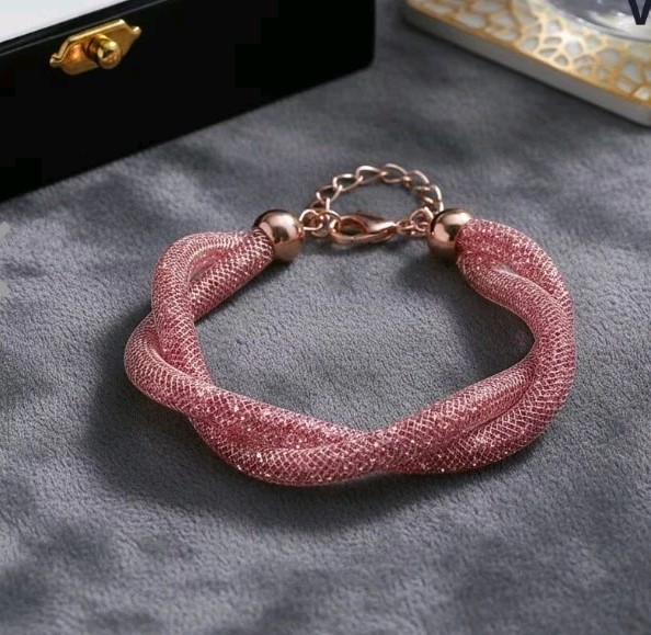 Pink Swarvosky Crystal Twisted Rope Bracelet in Rosetone (9.5-11.5In)