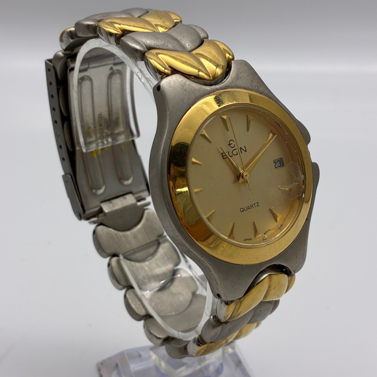 Elgin FM885 Two Tone Quartz Watch Gold Silver Date Window Blue Cabochon Crown