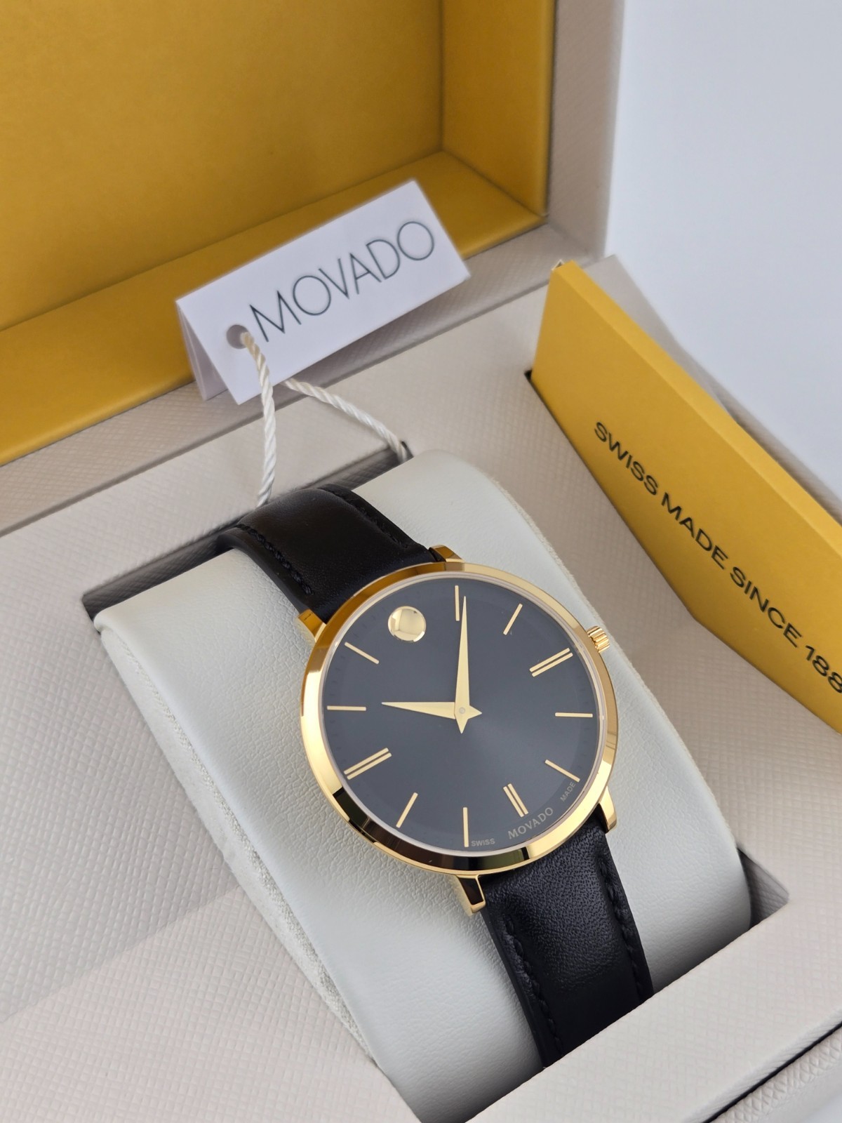 Movado Ultra Slim Women’s Gold Bezel Black Dial Watch – 0607091 ($795 MSRP)