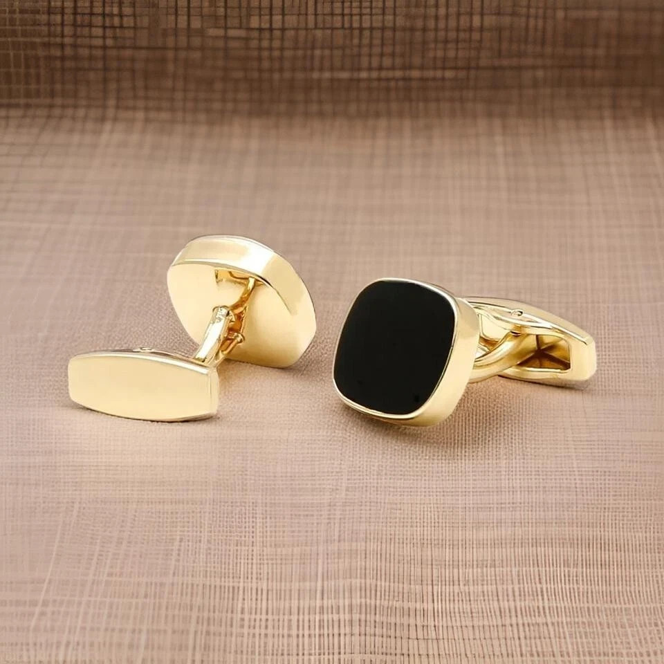Men Luxury Cufflink Wedding Gift Black Enamel 14K Yellow Gold Plated 925 Silver