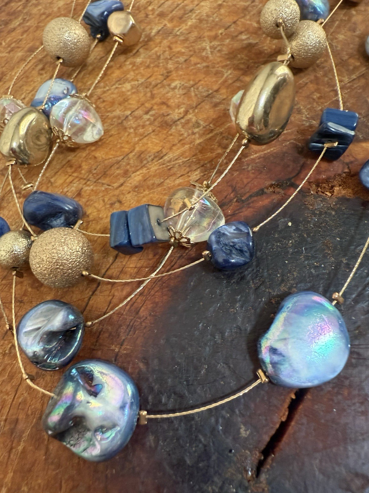 Blue Shell Statement Necklace Silver Tone Rainbow Reflect
