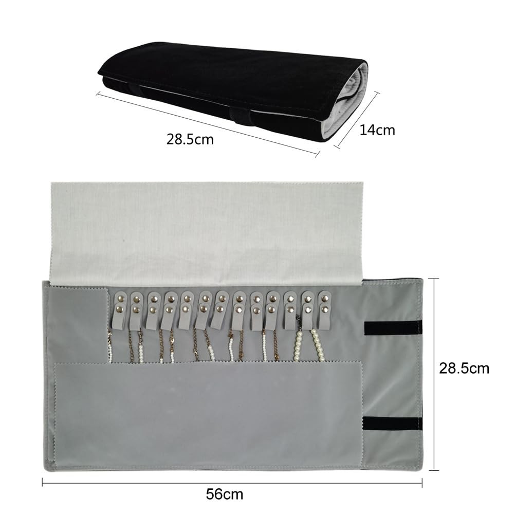 Velet Travel Jewelry Case Roll Bag Organizer for Necklace Bracelet Black Gray…