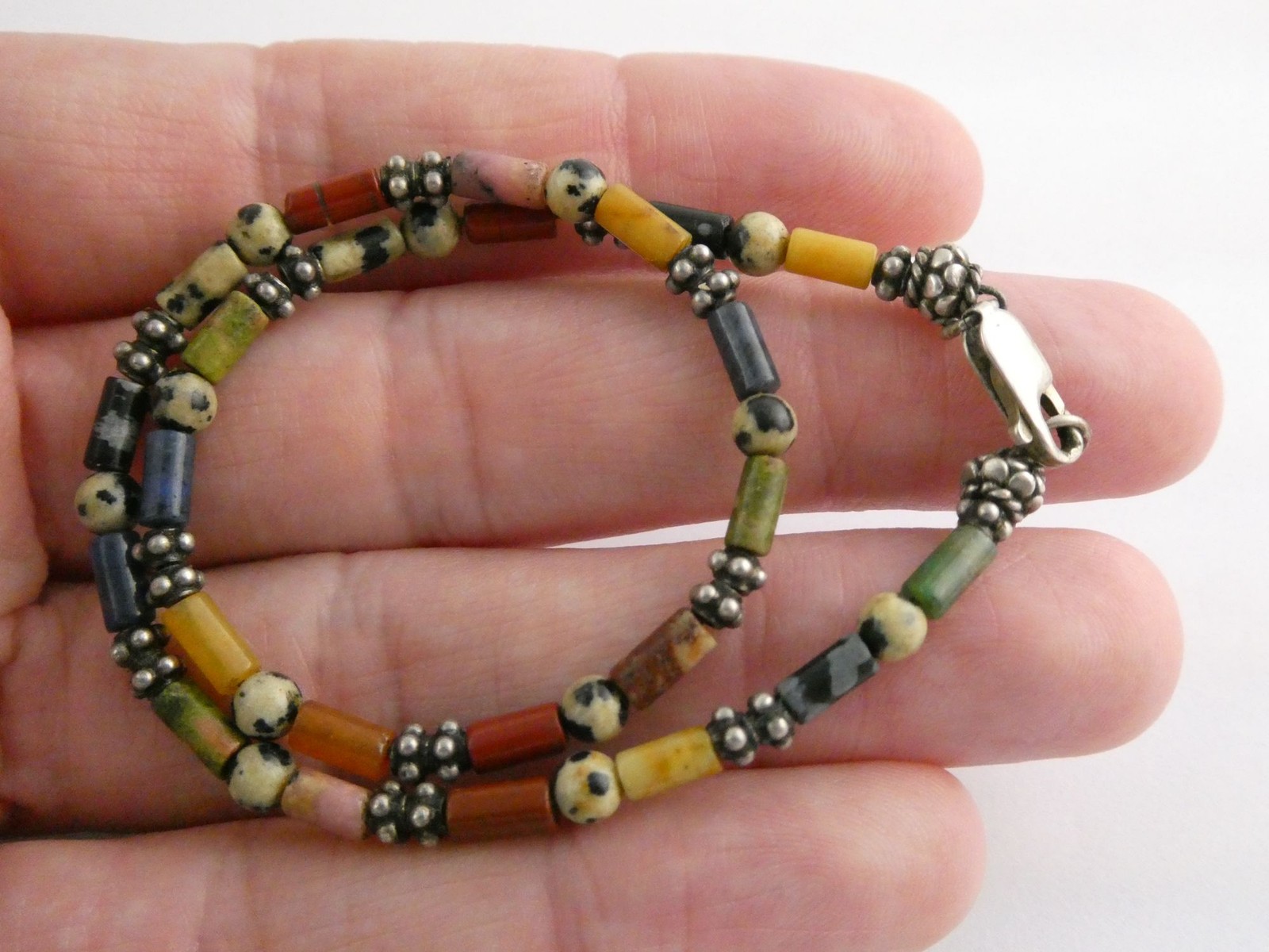 Sterling Silver Clasp Multi Gemstone Beaded Choker Necklace 11 Inches 8g Weight