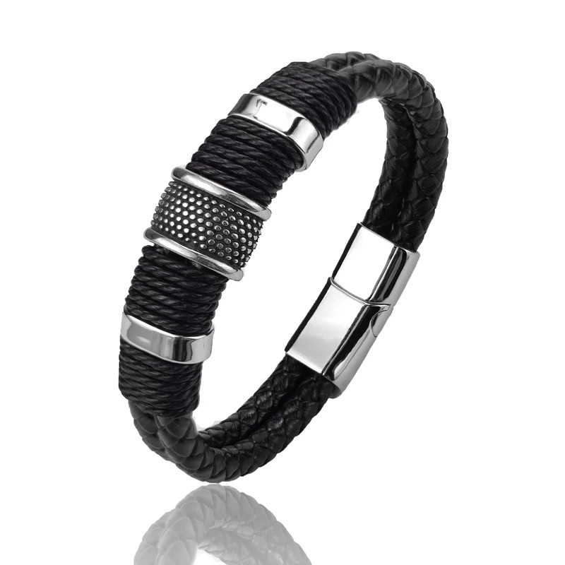 PU Leather Bracelet Multilayer Stainless Steel Bead Charm Men Wrist Jewelry