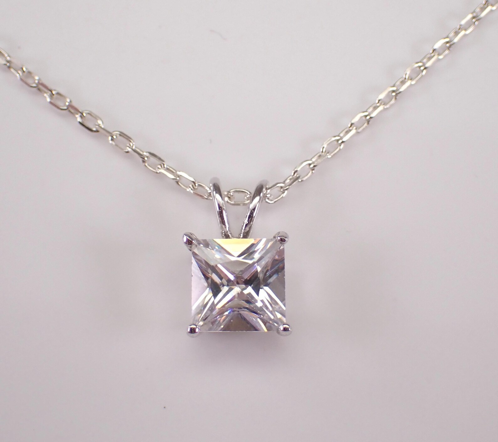 1.35 Ctw Princess Cut Moissanite Pendant For Women 14k White Gold Plated.