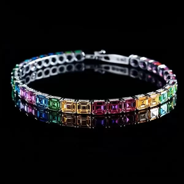 15Ct Asscher Cut Paved Lab Created Rainbow Womens Bracelet 14K White Gold Plated