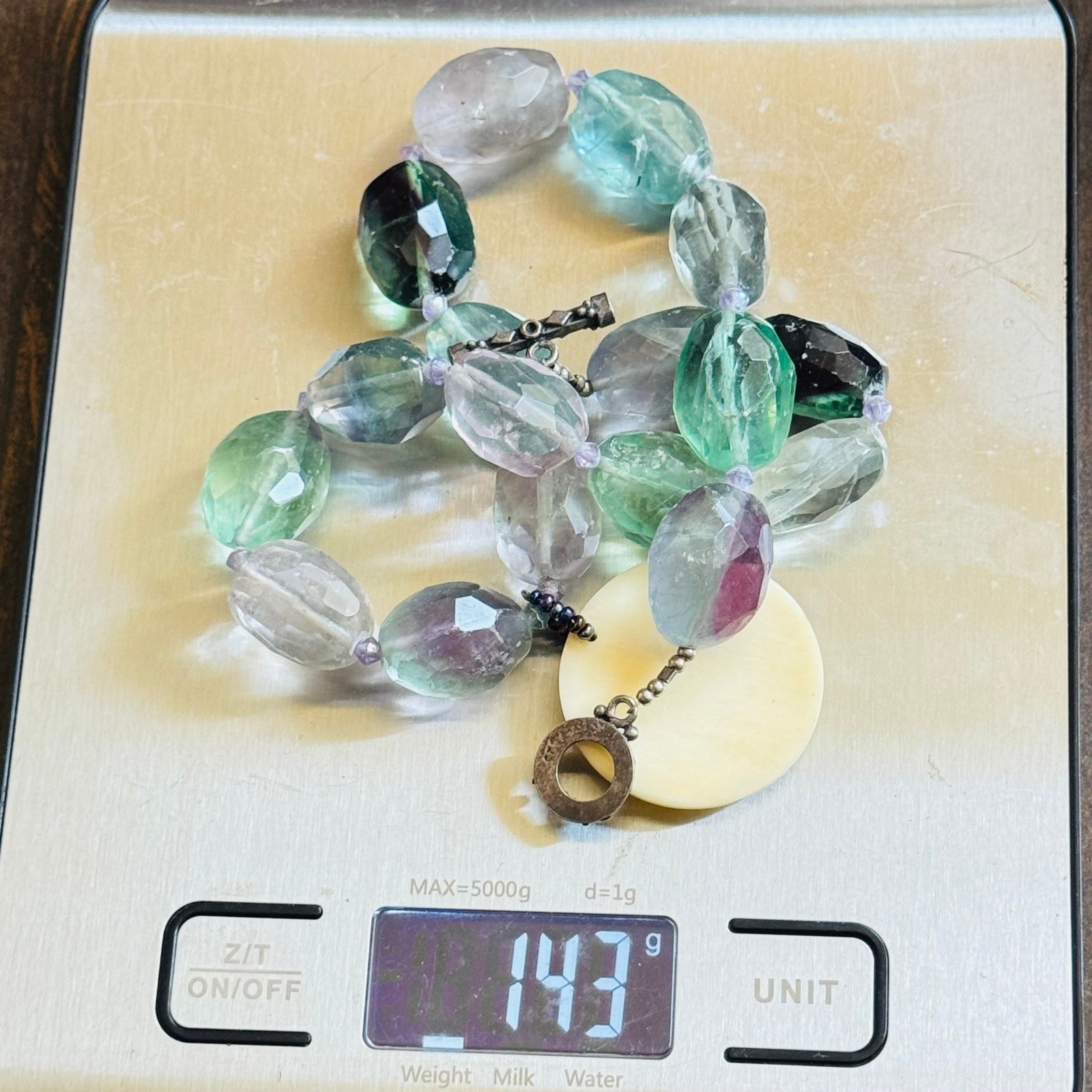 VTG Mermaid Rainbow Fluorite Necklace Natural Beads Whimsical sterling 925 18″
