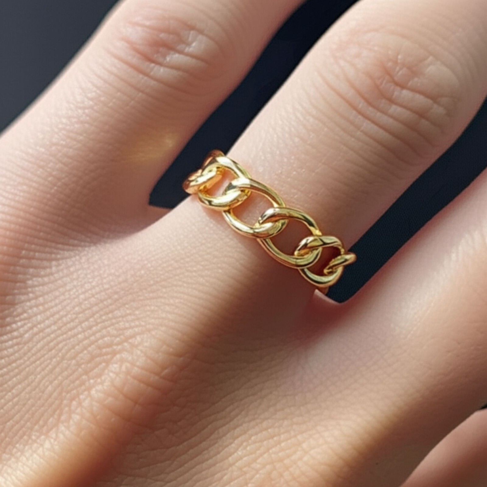 14K Real Solid Yellow Gold Dainty Cuban Chain Link Minimalist Braided Band Ring