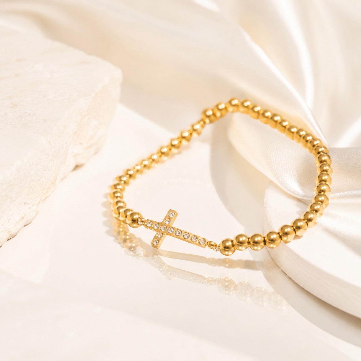 Cross Beaded Stretch Bracelet 18K Gold PVD Waterproof Faith Jewelry