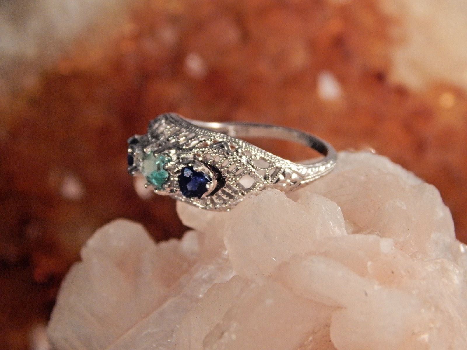 .36 Ct. Emerald Cut Columbian Emerald & Sapphire Ring Sterling Silver Filigree