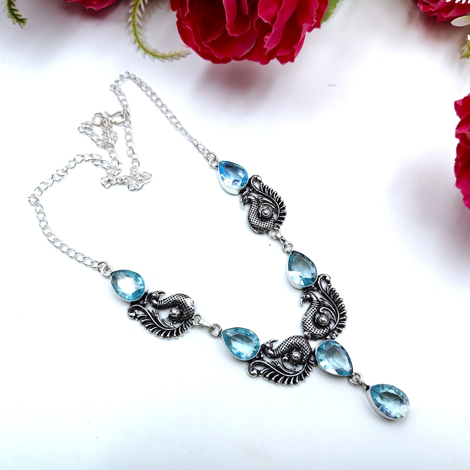 Blue Aquamarine Gemstone Handmade 925 Sterling Silver Jewelry Necklace Sz-17-18″