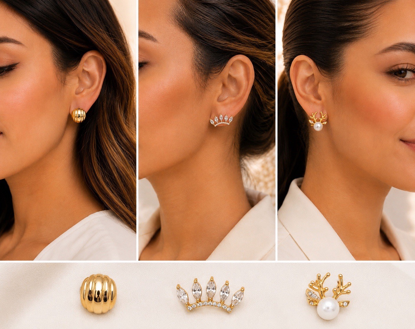 3 Pairs Gold Tone Stud Earrings Set Pearl Crown Rhinestone Gift Box Included
