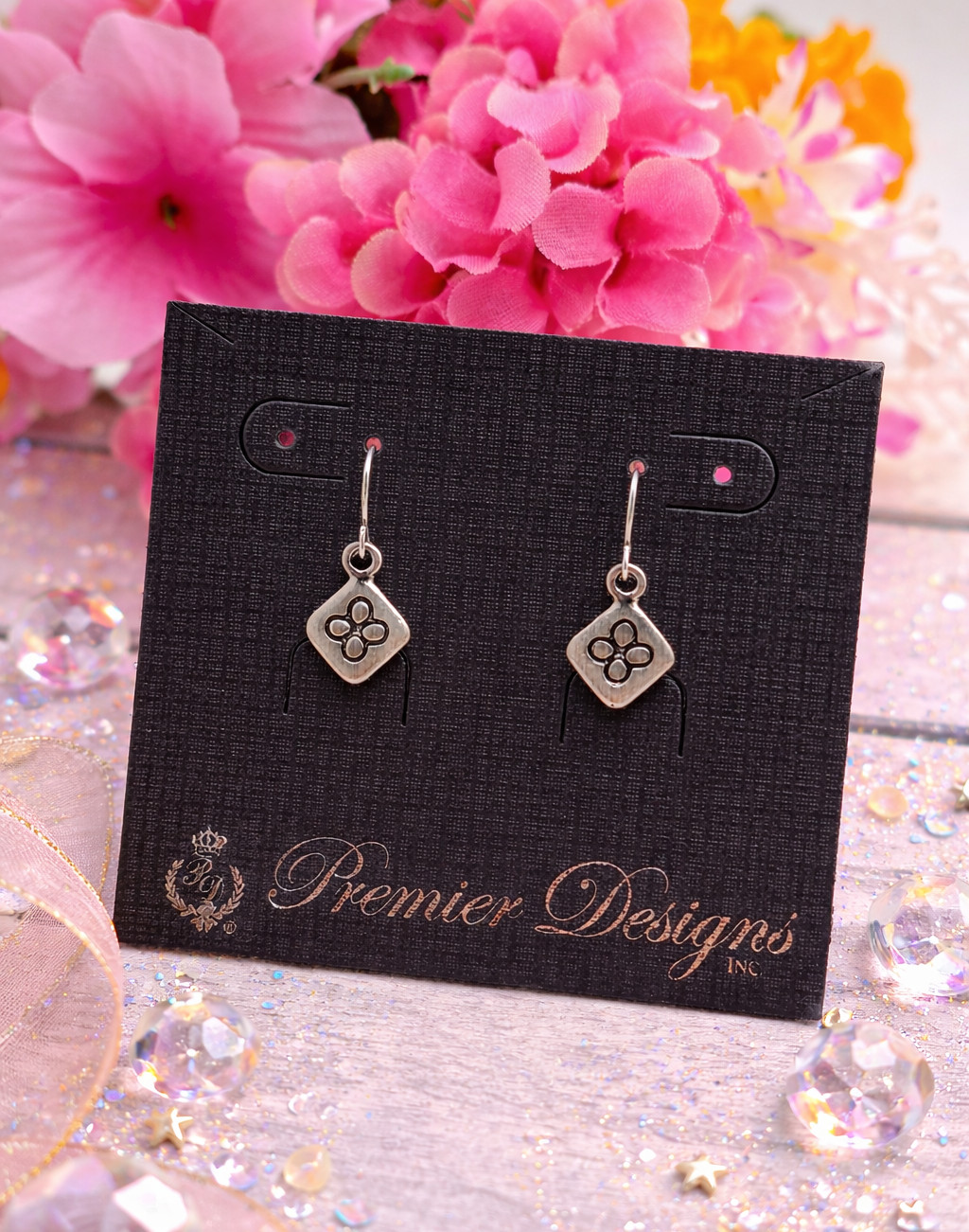 Premier Designs Silver Tone Clover Diamond Square Drop Earrings 8.7mm