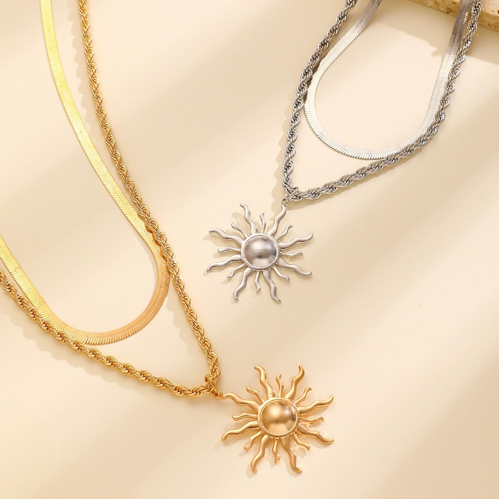 Yepelesi Sun Necklace for Women 14K Gold Silver Plated Layered Charm Necklace…