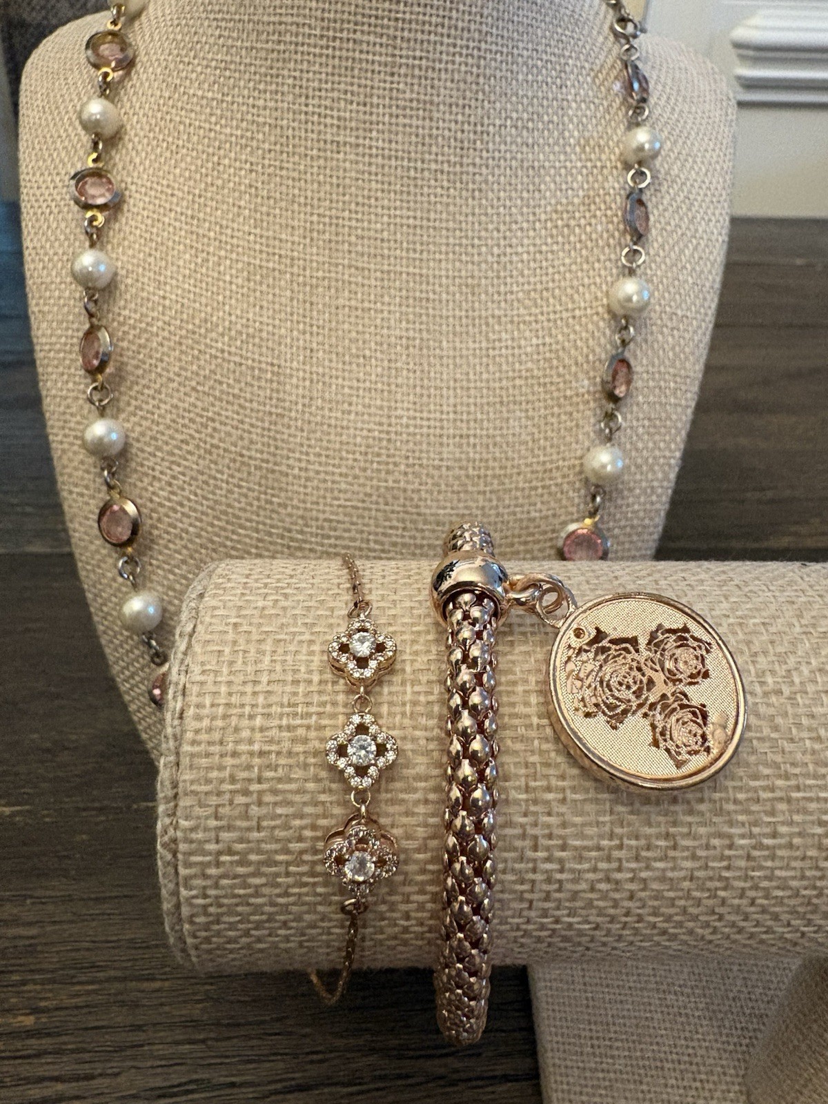Beautiful 2 rose gold Tone One With CZ bracelets And A Beaded Necklace Set