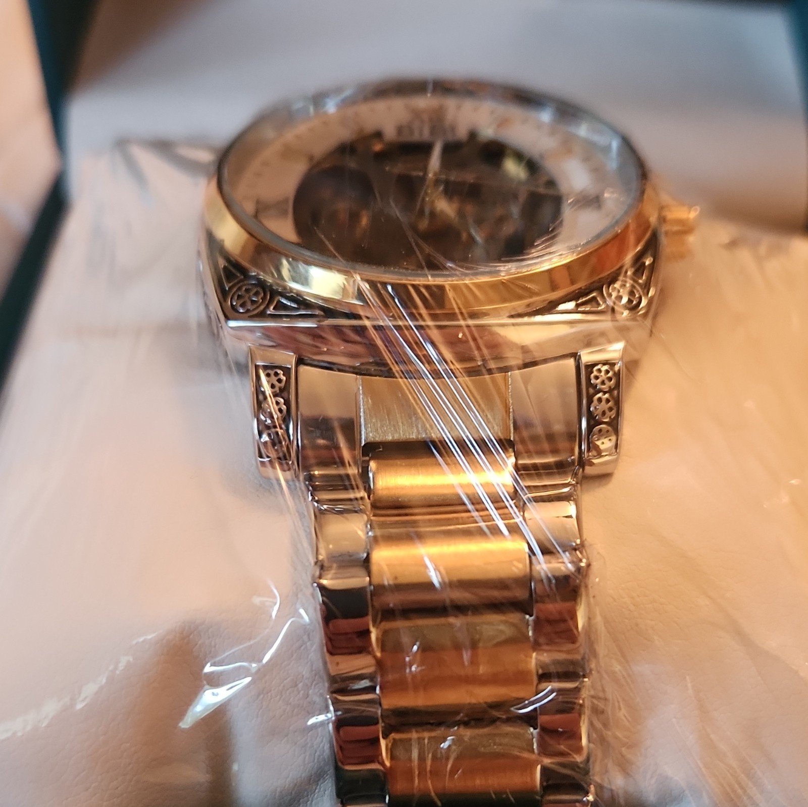 BIBI Luxury Automatic Skeleton Dial Two-Tone Metal Bracelet Watch w/ Box