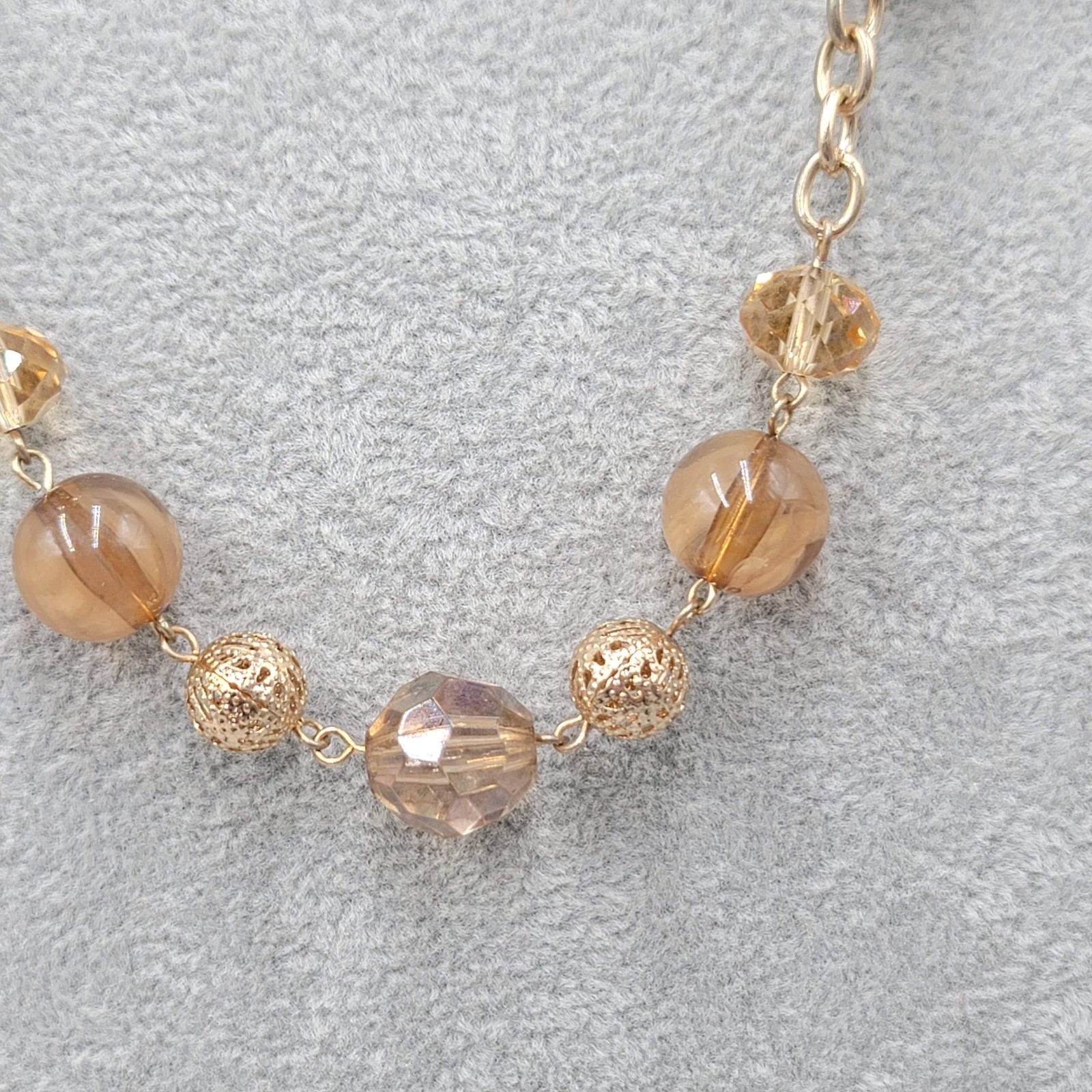 Gold Tone Beaded Station Necklace 36 in Brown Glass Filigree Beads Chain Womens