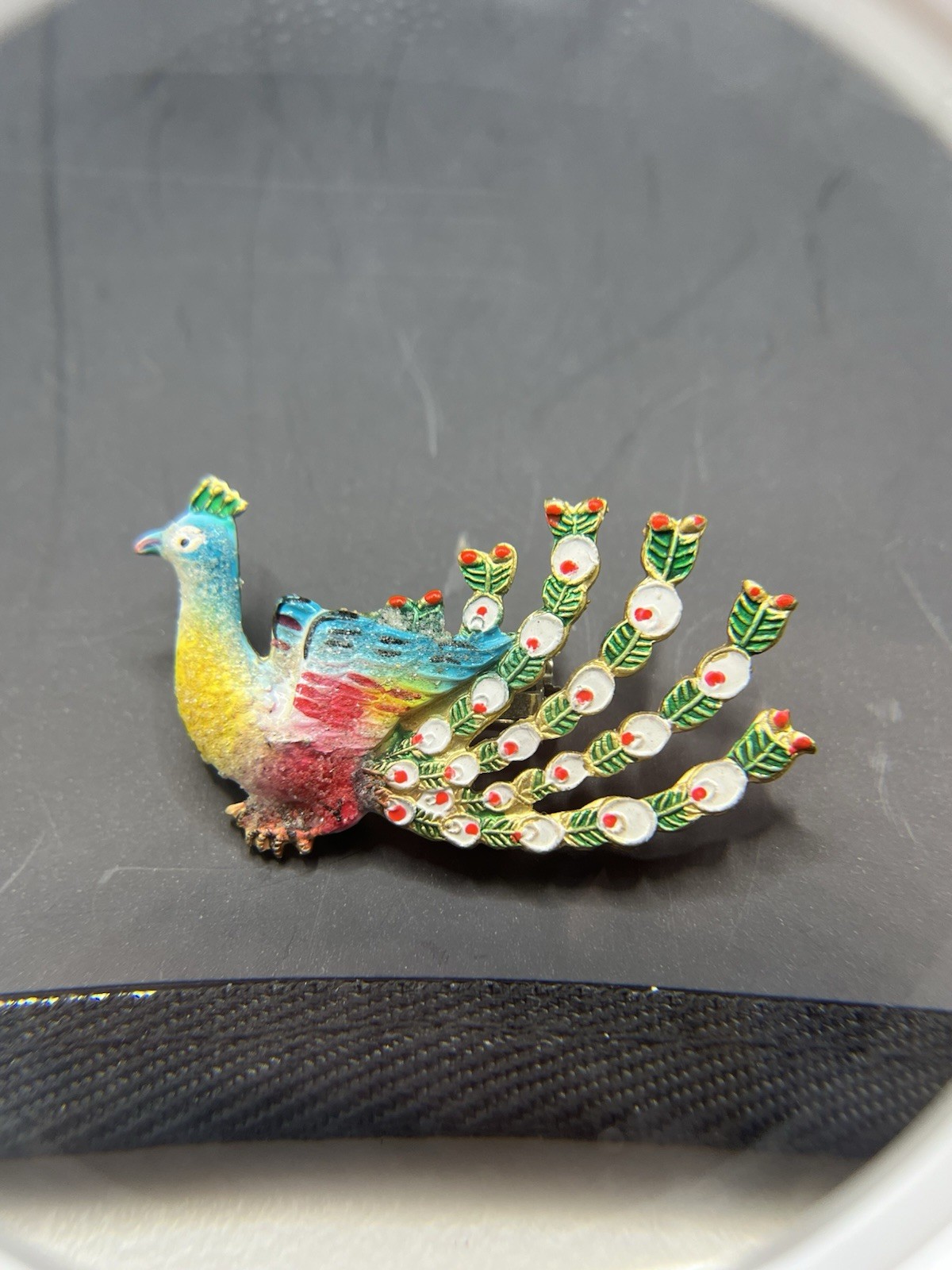Vintage Gold Tone Painted Peacock Brooch Pin Marked KOREA