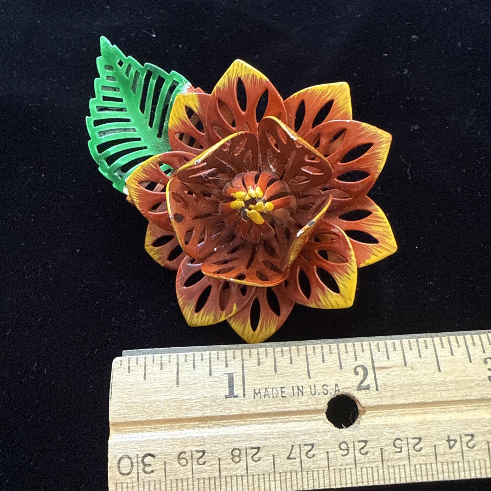 Vintage Orange Yellow Sunface Green Leaf Lotus Flower Brooch 1960’s Rare Metal
