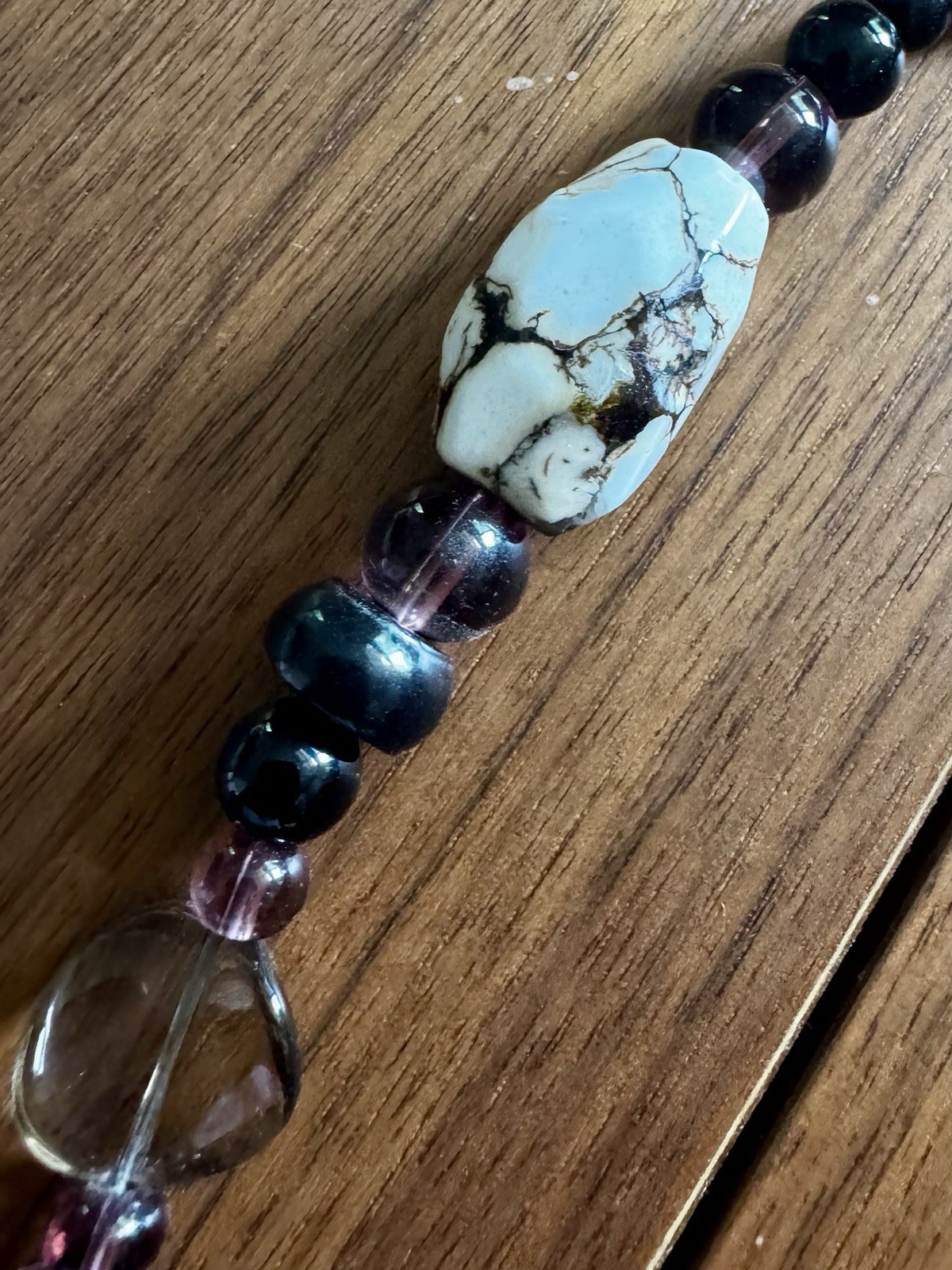 Beautiful Beaded Glass Necklace, Black White Purple Gray, Asymmetrical Charm
