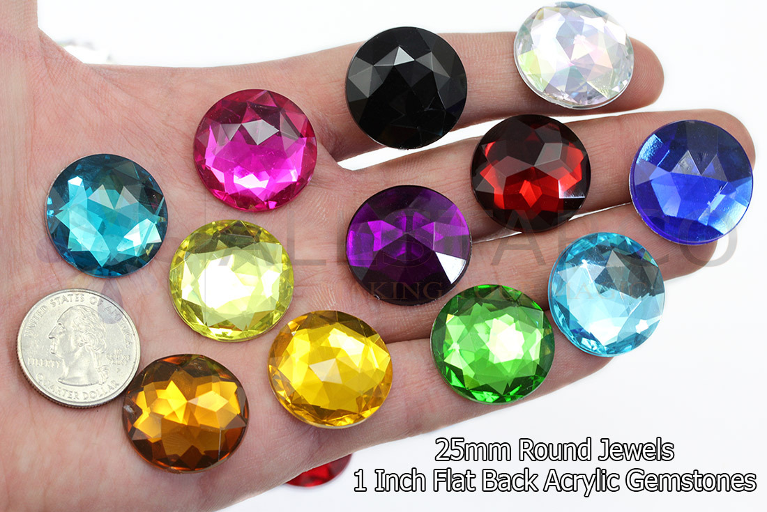 25mm Flat Back Round Acrylic Jewels Plastic Rhinestones 20 Pieces – 21 Colors