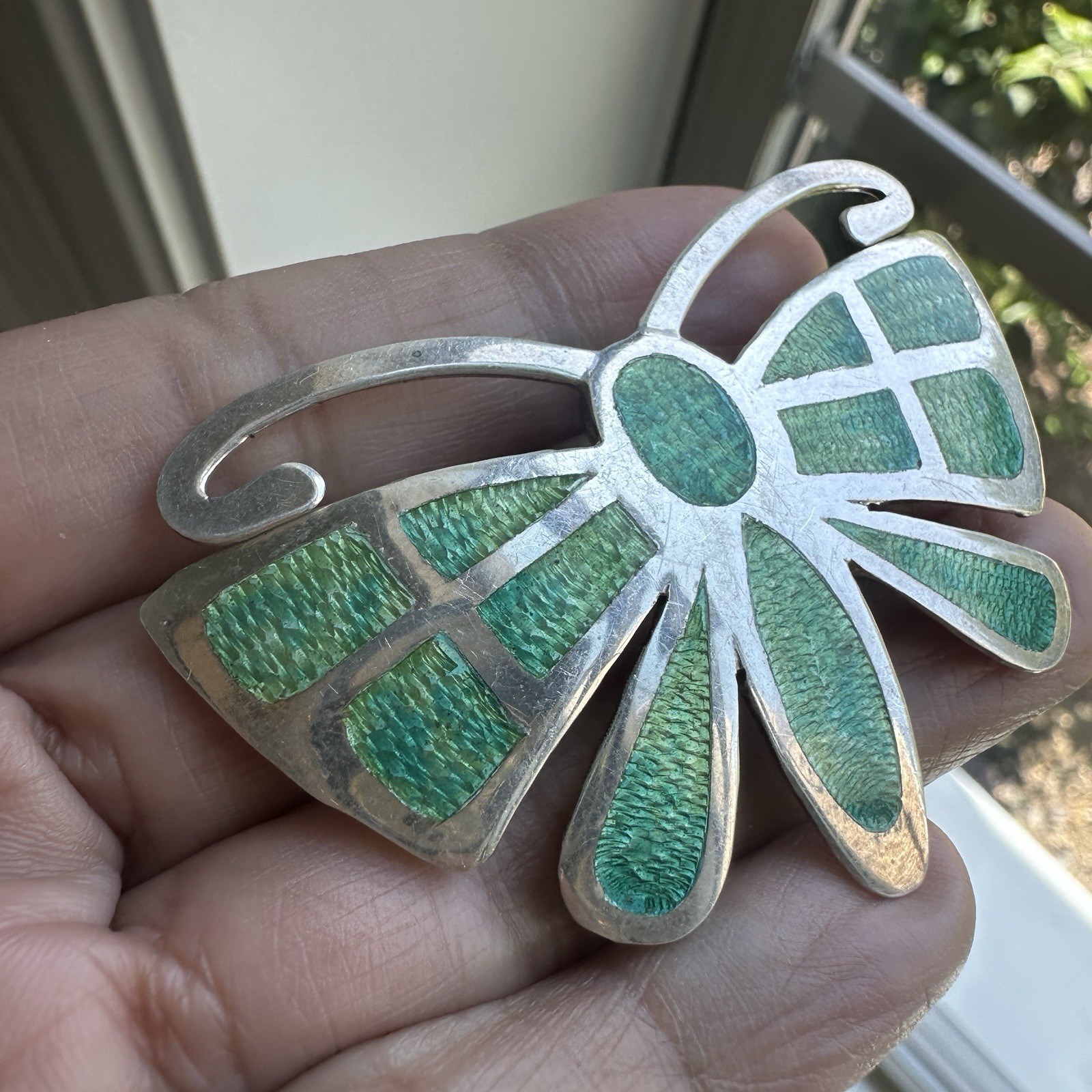 VTG Mexico Artisan Butterfly Brooch Pendant 2.4 Inch Acrylic 925 Sterling 13.9g