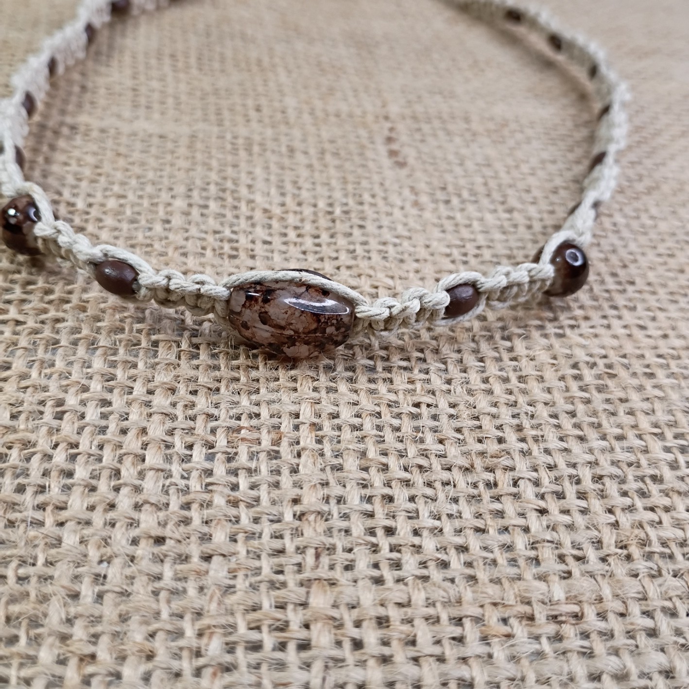 New Natural Hemp Choker Necklace W/ Mixed Brown Beads 13-18 in Tie-On Macrame