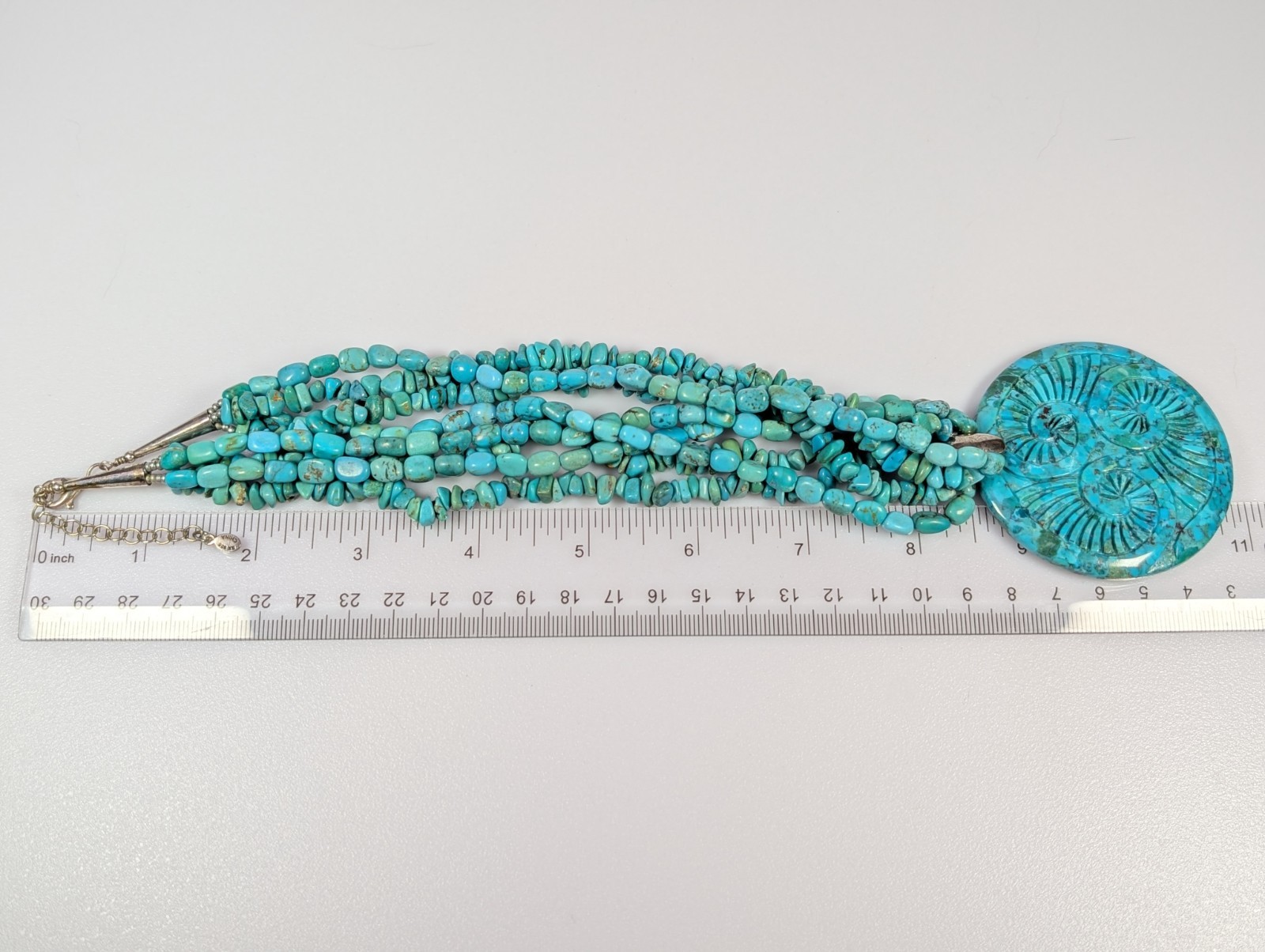 Vtg SX 925 Sterling Silver Turquoise Bead Multi Strand Medallion Necklace 108g