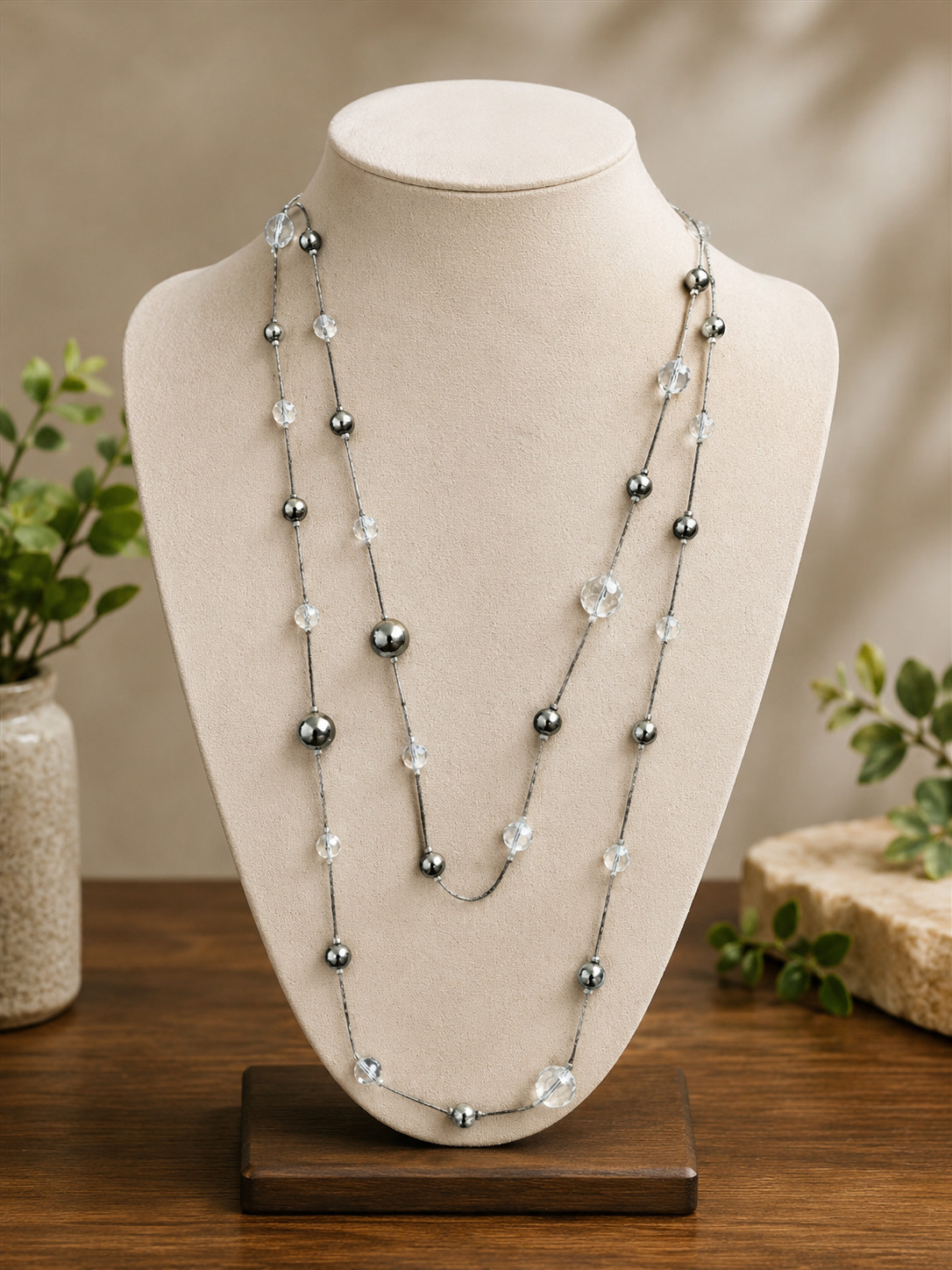 Long Clear Crystal Beaded Necklace Silver Tone Ball Beads Station Fashion Jewelr
