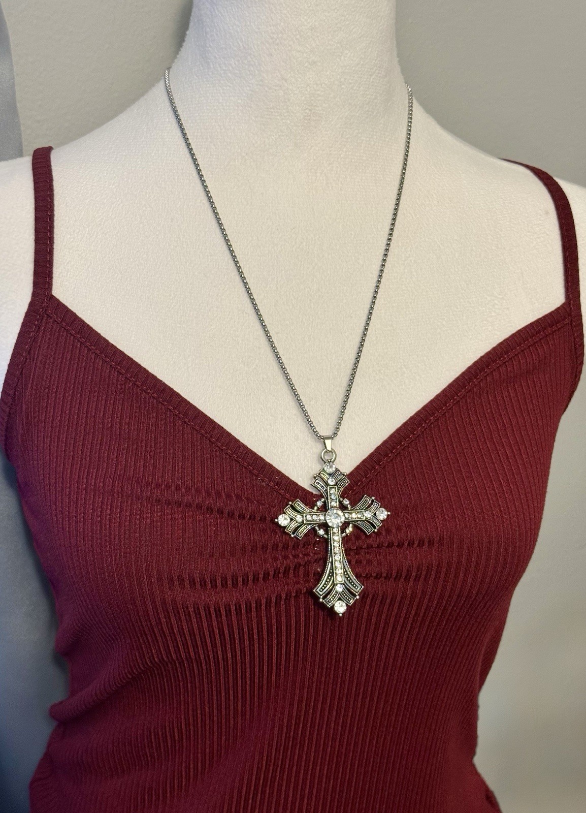 Silver Tone Cross Necklace Chain Religious Gothic Grunch Whimsgoth Victorian
