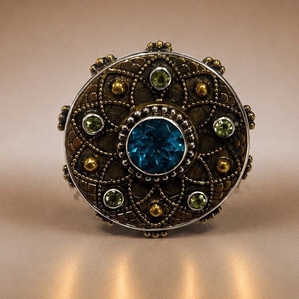 New Sterling Silver With Blue Sapphire Gold Tone Filigree Statement Ring