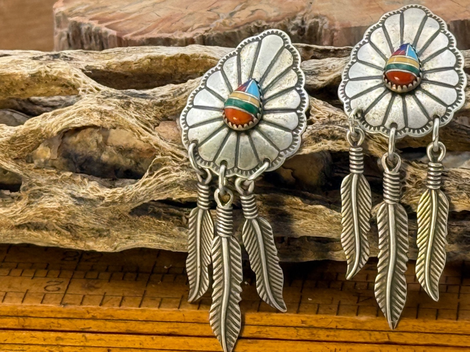 Wheeler Manufacturing Sterling MultiStone Inlay Concho Feather Earrings-2362.25