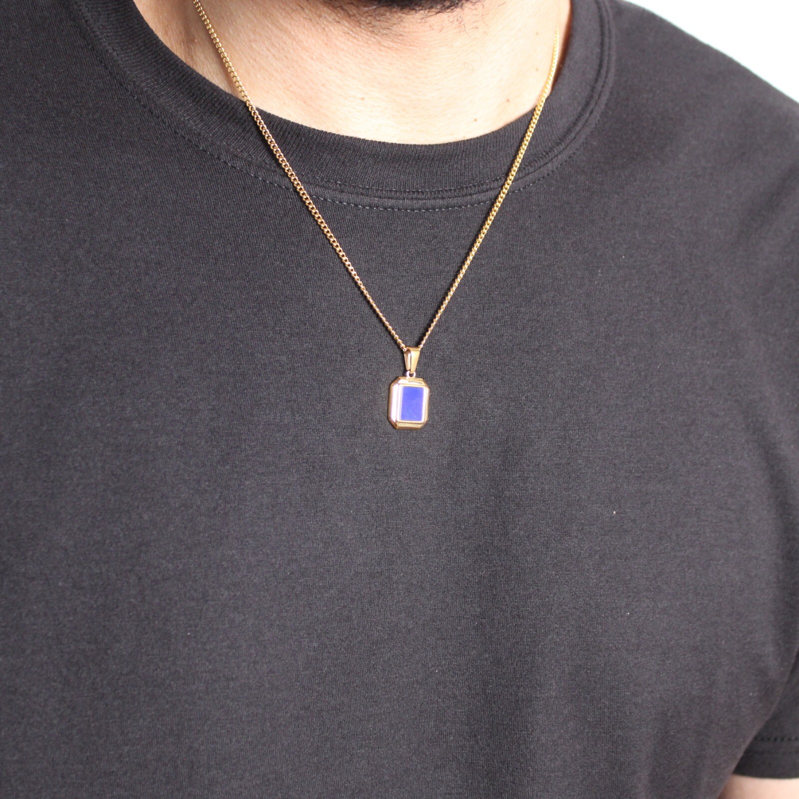 Gold Blue Enamel Pendant Chain Necklace Stainless Steel Small Minimalist
