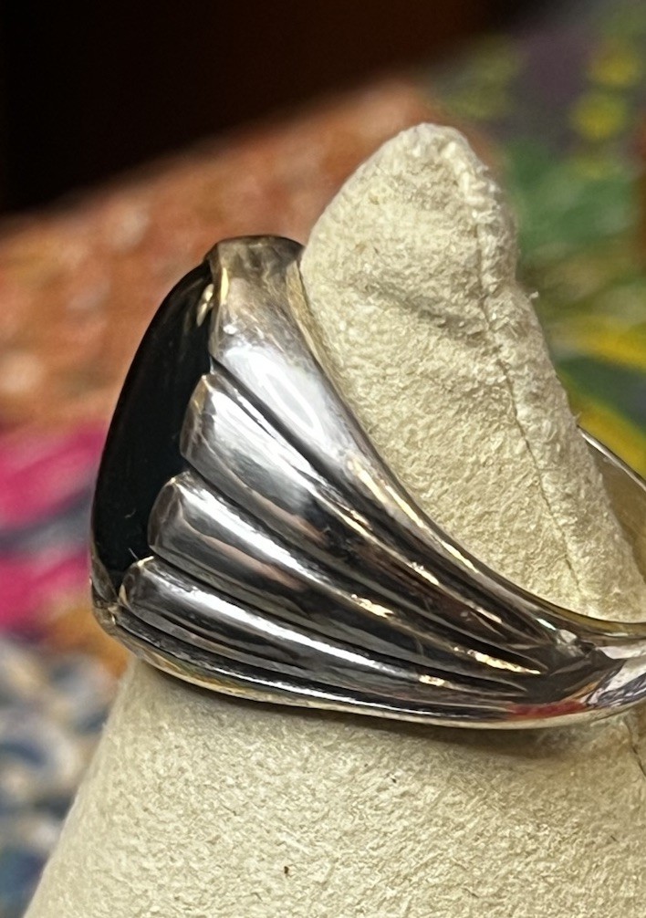 Vintage Sterling Silver Paua Shell Cabochon Ring Sz 14 Heavy 16g Fluted Shoulder