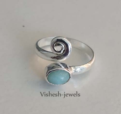 Solid 925 Sterling Silver Natural Larimar Gems Toe Ring Jewelry S US 4.5 VJ-335