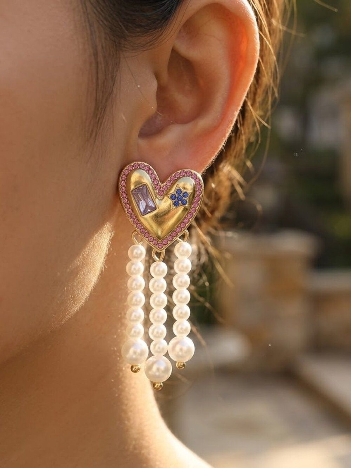 Gold-Tone Patriotic Heart & Pearl Tassel Earrings – 4th of July –Stainless Steel