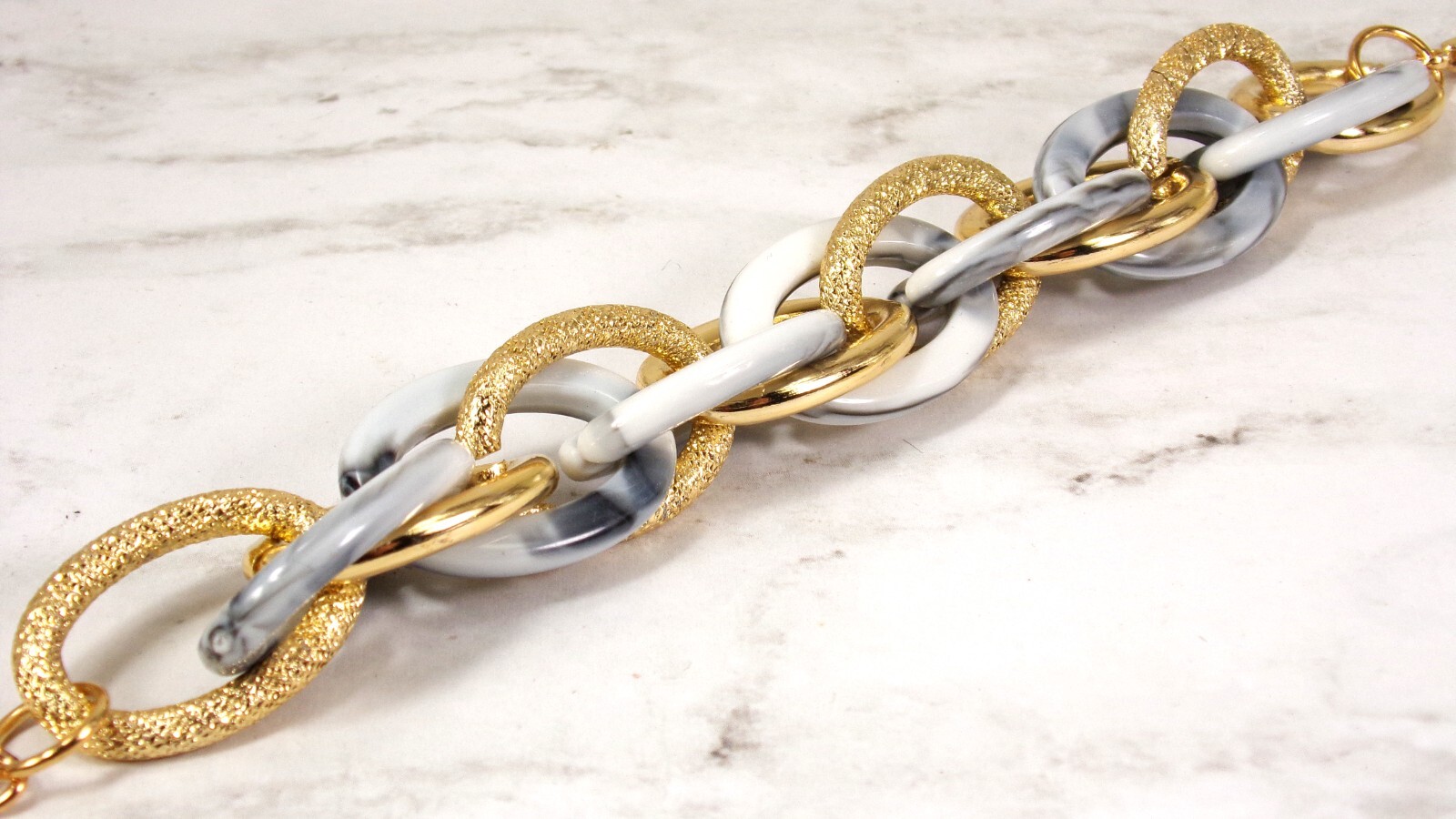 White and gold link bracelet, textured links, shiny white links, 7.5 inches New