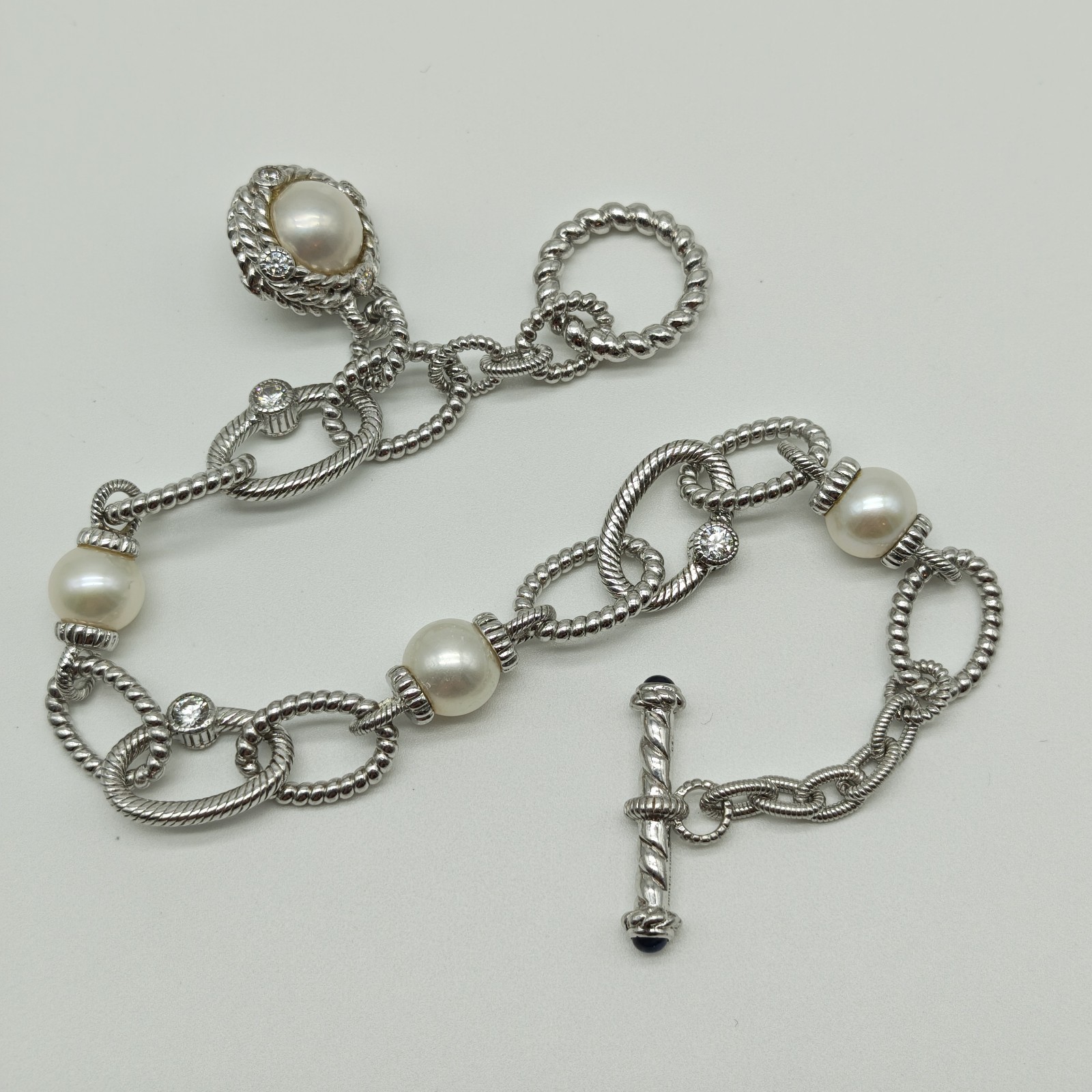 QVC Judith Ripka Sterling Silver 925 Pearl & CZ Station Bracelet 8.25″