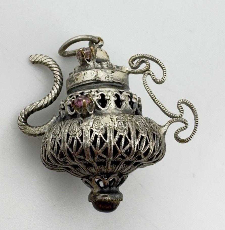 RARE Antique Sterling Filigree Asian Chinese Amethyst Jeweled Teapot Charm